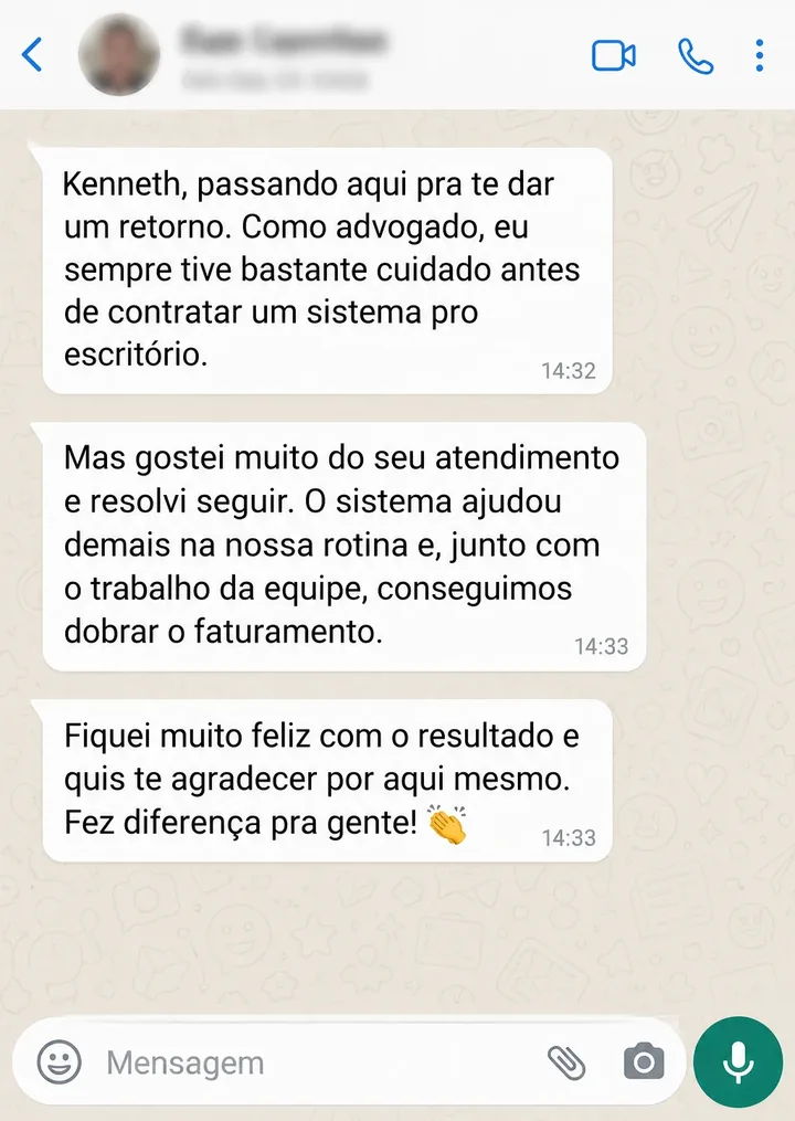 Conversa de WhatsApp: advogado agradece ao Kenneth e conta que o escritório dobrou o faturamento
