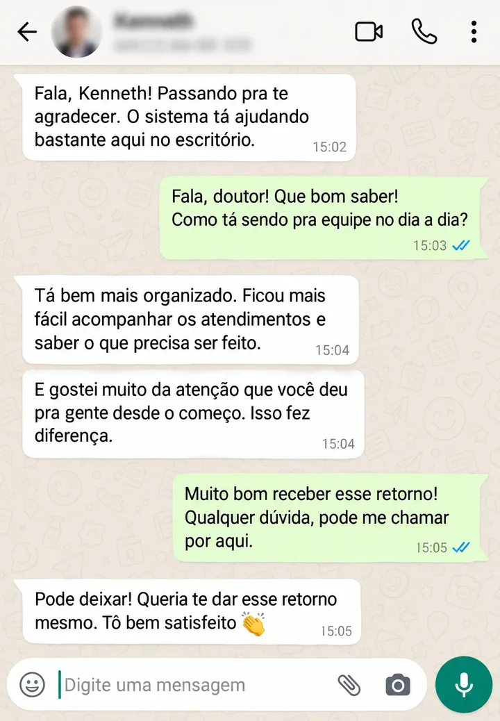 Conversa de WhatsApp: advogado conta que o escritório ficou mais organizado e elogia o atendimento